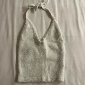 gymshark whitney simmons white fuzzy halter top